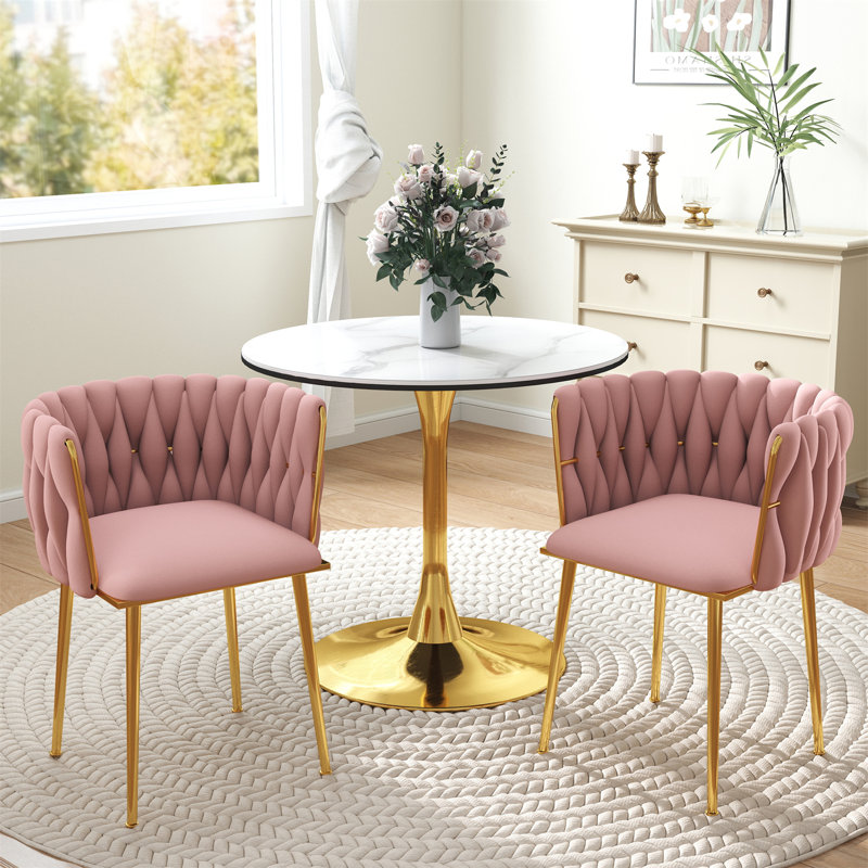 Ensemble de salle à manger à piédestal rond avec chaise tissée, 3, Rose