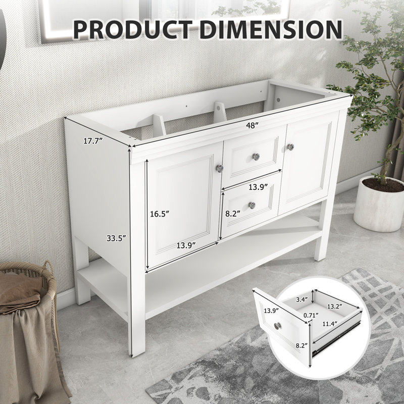 Base de meuble-lavabo double 48 po avec tiroirs et tablettes, lavabo non inclus, Blanc