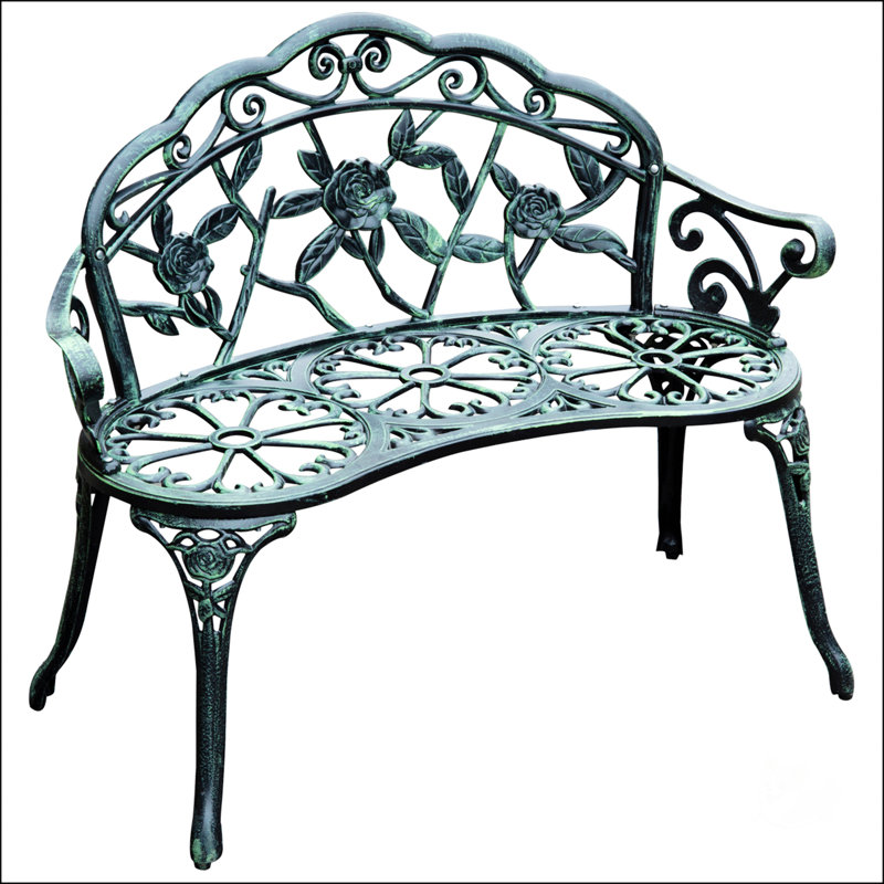 Banc en métal avec accent floral rose et finition antique