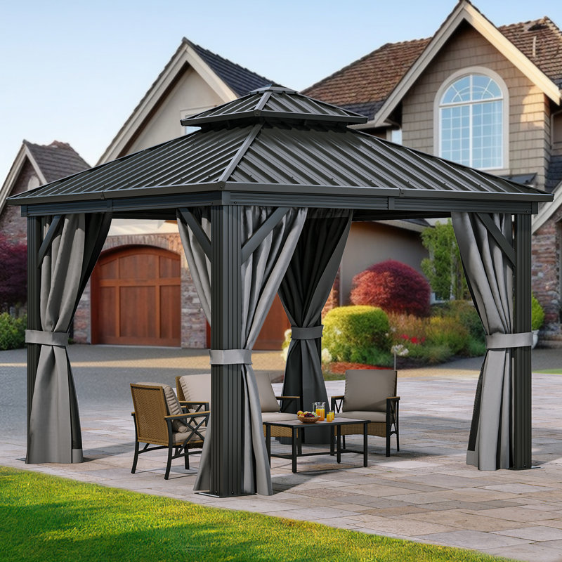 Hardtop Double-Roofed Aluminum Patio Gazebo Multiple Sizes, 16 ft x 12 ft, Gray