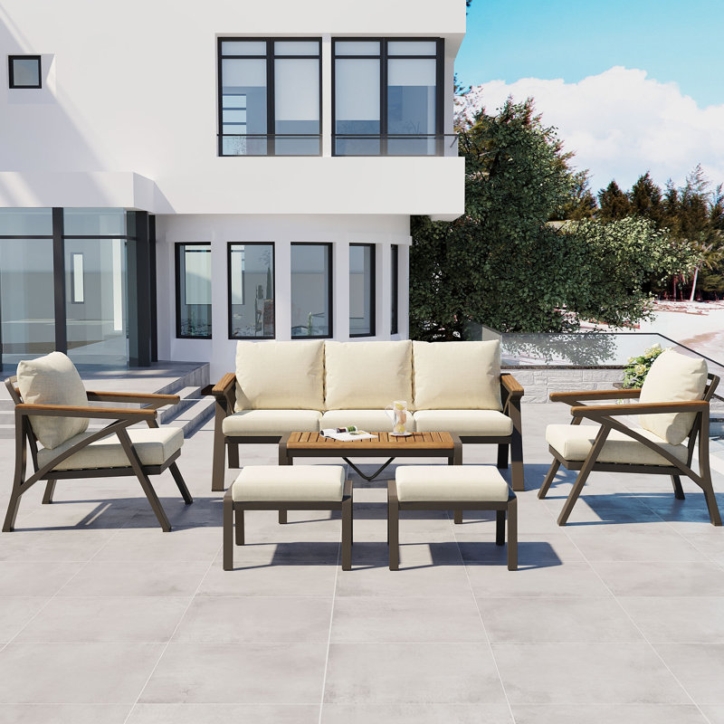 Ensemble de meubles de patio 6 pièces avec structure en acier, table basse en bois d'acacia et coussins beiges pour la cour et le jardin
