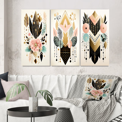 " Boho Chic Floral Geometric Retro Illustration I " 3 - Pieces