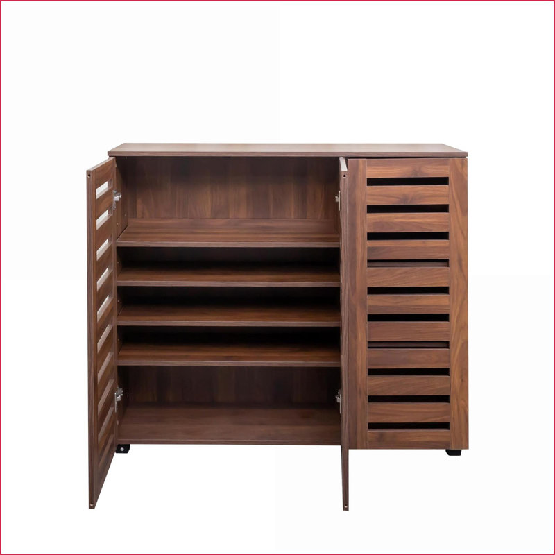 Shoe Cabinets, 5-Tier Traditional with Adjustable Shelves &amp; Louvered Doors | Walnut Brown Particle Board+MDF | Living Room