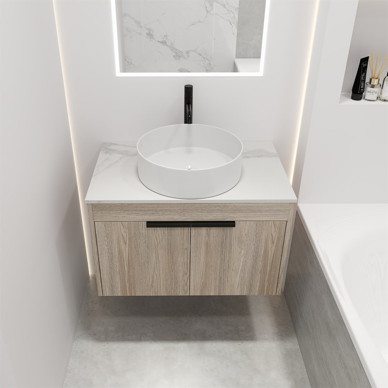 Ensemble de meuble-lavabo moderne 30 po avec lavabo en céramique et meuble-lavabo mural en chêne blanc