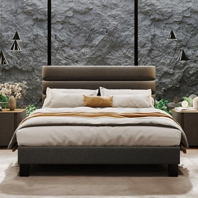 Platform Bed Frame with Adjustable Headboard, Fabric Upholstered and Wooden Slats Support, Heavy Duty Mattress Foundation, No Box Spring Needed