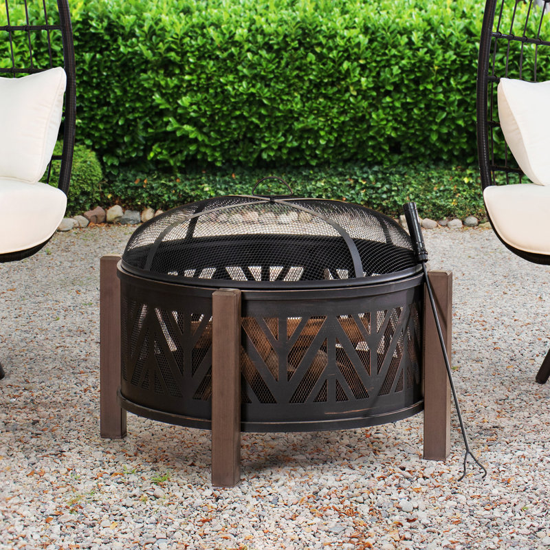 Sunjoy Aghi  27 inch Fire Pit for Outside, Outdoor Steel Wood Burning Fire Pits with Mesh Spark Screen and Fire Poker, Large Bonfire for Patio and Backyard