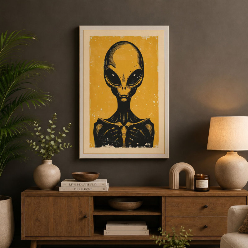 Alien Icon Retro - Wrapped Canvas, 18x12 - 45.7 x 30.5 cm, Taupe Border