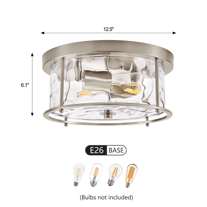 Alixandra 2-Light Flush Mount Hammered Glass Ceiling Light with Metal Frame, Brushed Nickel