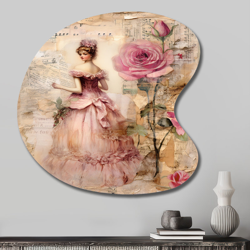 Victorian Lady Pink Roses Rustic Vintage I - Rose Drop Shape Assymterical Metal Wall Art, 27'' H x 27'' W