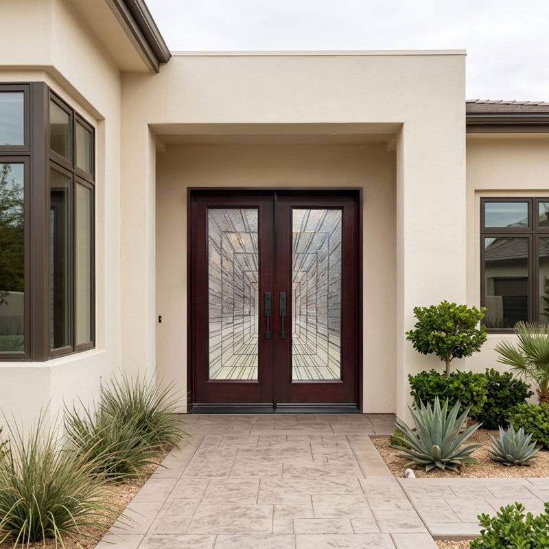 Porte d'entrée extérieure pré-montée en acajou prête à installer pour l'extérieur, H 80 po x l 72 po x P 1,75 po, Gauche
