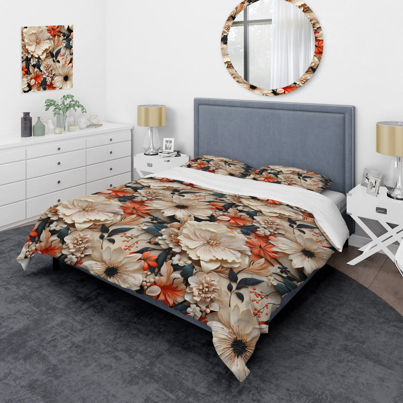 Literie rouge et beige à motif de chrysanthèmes I, Housse de couette pour très grand lit et 2 très