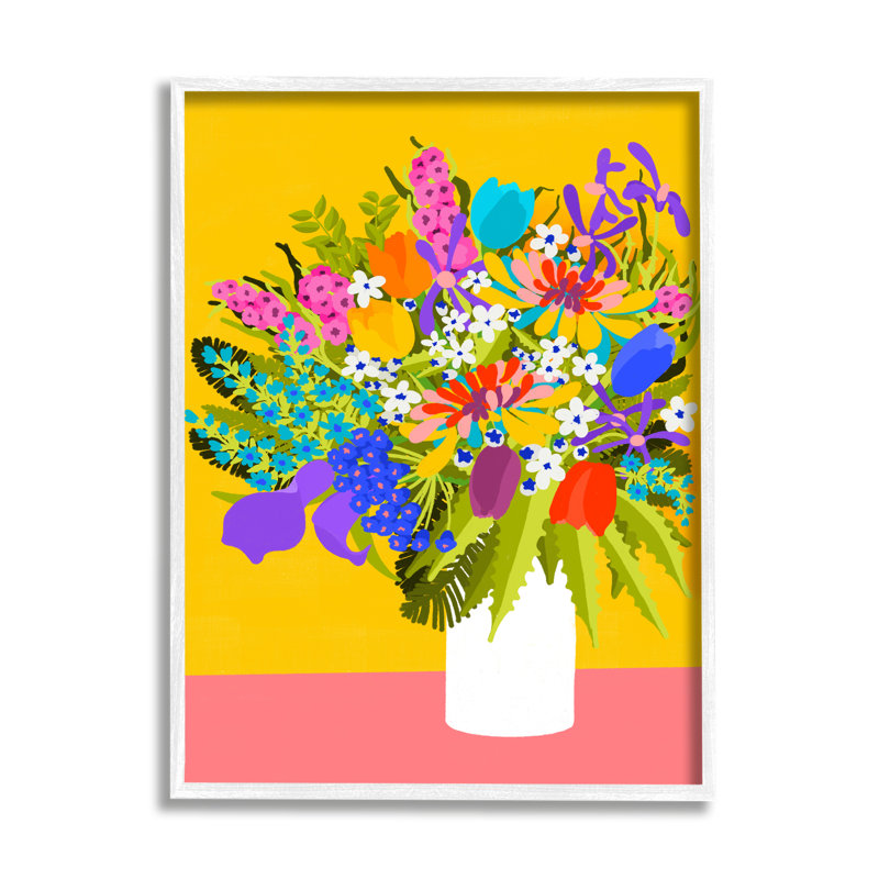 Az-489 - Bouquet encadré sur jaune, Giclée encadrée blanc bord de mer, H 14 po x l 11 po x P 1,5 po