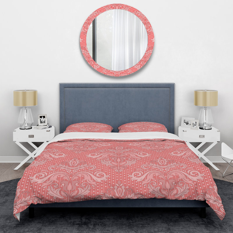 Pink Damask Polyester Damask Duvet Cover, Queen Duvet Cover + 2 Shams