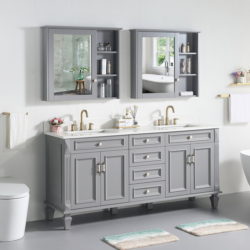 Meuble-lavabo sur pied en bois massif, 183 cm (L) x 89 cm (H), avec comptoir en quartz blanc de Carrare et double lavabo, gris titane