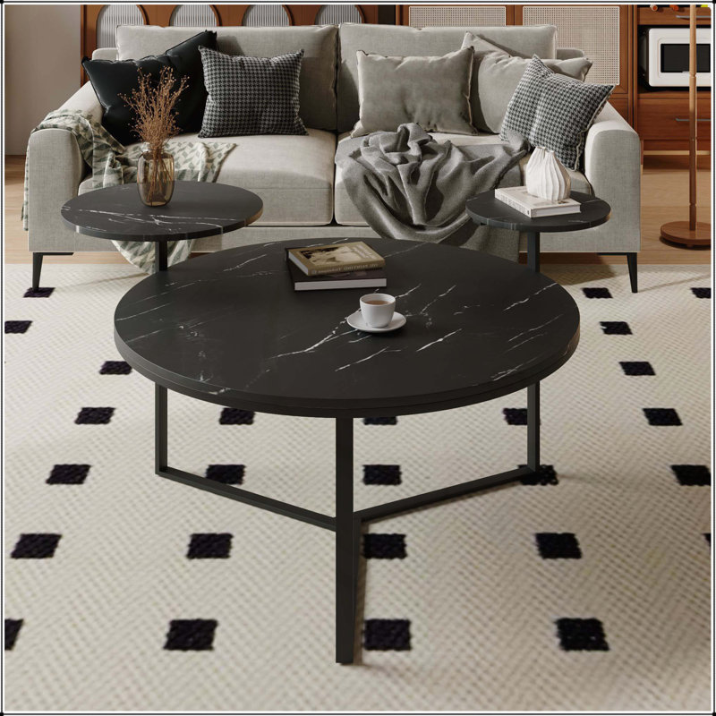 Modern Round Coffee Table with Two Display Shelves, Surfaces, and Tripod-Inspired Metal Base