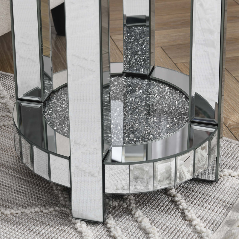 Mirror round table, 2-layer modern small sofa table with storage space, silver decorative table