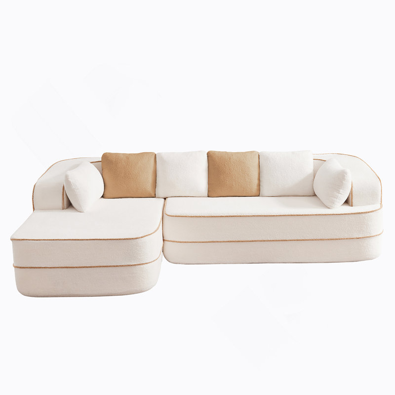Canapé Teddy en tissu sans os avec méridienne en forme de L, sans assemblage, éponge haute densité, accoudoirs courbés, conception ergonomique pour le confort du salon