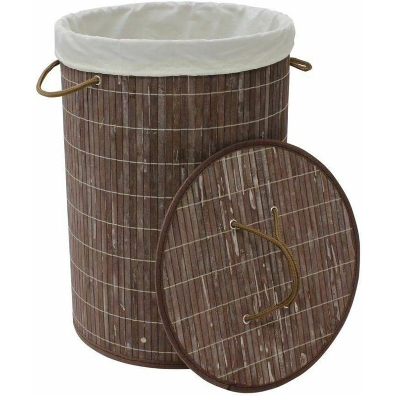 MantraRaj Round Bamboo Laundry Bin with Handles and Lid Collapsible Laundry Basket (Brown)
