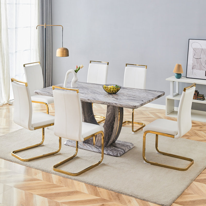 63" Modern Dining Table Set With PU Leather Chairs, U-Shaped MDF Base, White, 7 Pieces: Table, 6 Chairs