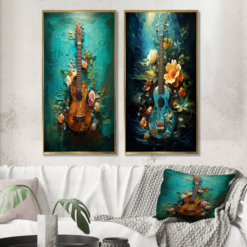 Guitare tropicale, musique euphonique - ensemble de 2 impressions sur toile, Encadrement doré, H 32 po x l 33 po