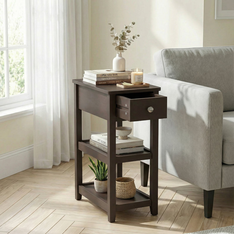 24'' Tall End Table, Narrow Side Table with Drawer and Shelves for Small Space, Brown, 2