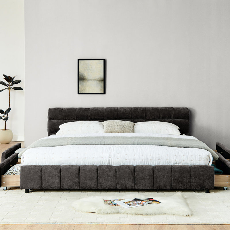 Lit très grand moderne gris foncé avec détails rembourrés et espace de rangement - Tiroir plateforme en chenille