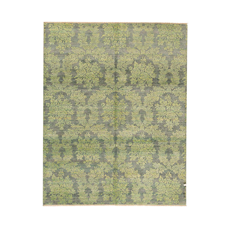 Tapis vert / gris en laine noué à la main de conception unique 7 pi 11 po x 10 pi