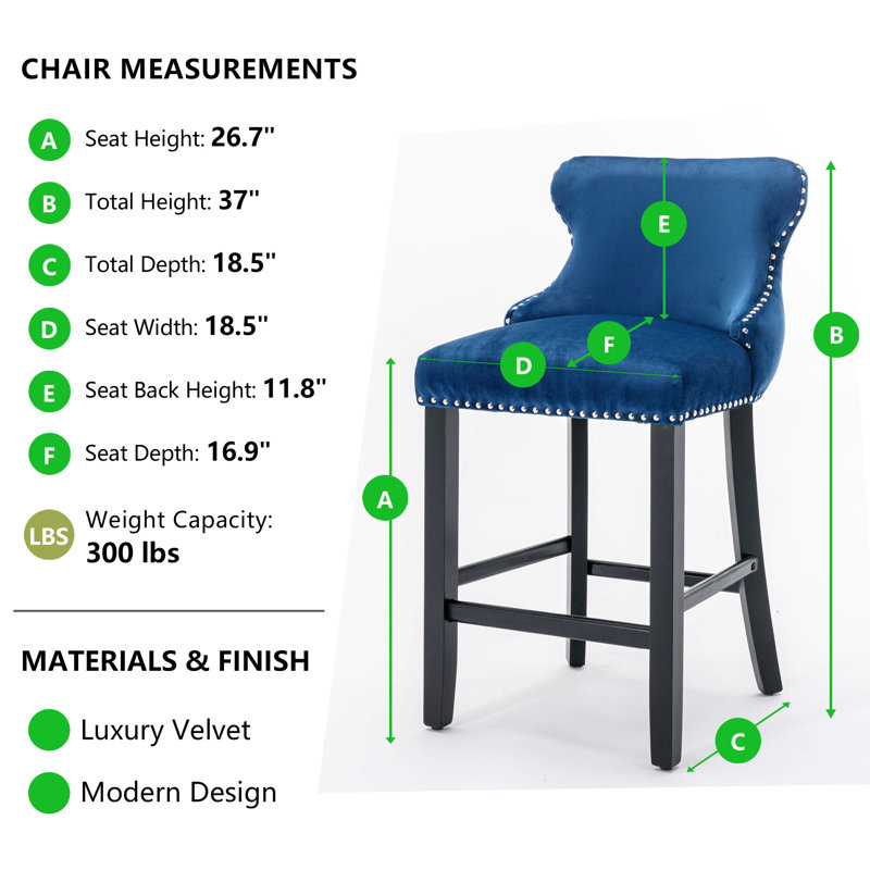 Velvet Upholstered Wing-Back Solid Wood Bar Stools  (Set of 2), Blue
