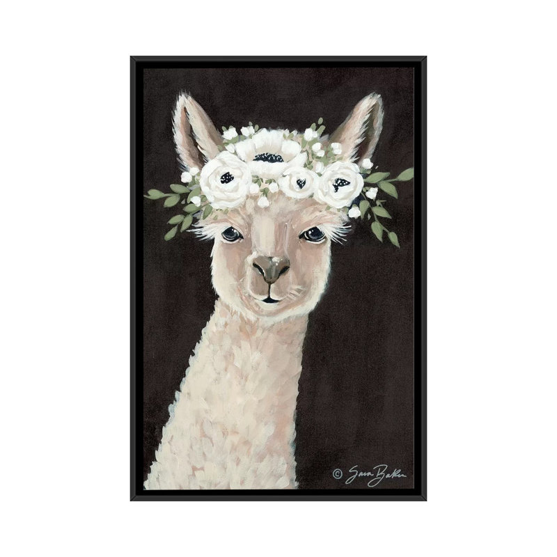 «Llama» par Sara Baker - reproduction d'art, Pas de tapis, Toile avec cadre noir, H 26 po x l 18 po x 1,5 po