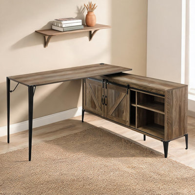 Bureau d'ordinateur en L avec armoire de rangement en chêne rustique et noir mat, poste de travail de coin de 65 pouces pour le bureau à domicile