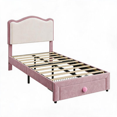 Structure de lit simple tapissier de style princesse - tête de lit festonnée, tiroir de rangement, lattes de bois de couleur durable, robuste, silencieuse, facile à assembler, aucun sommier tapissier requis - rose