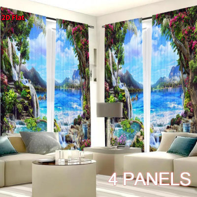 Pcs Green Tropical Tree Waterfall Lake Scenery Window Curtains, Adopting Pocket Pole Installation, Digital Printing for Living Room, Kitchen, Bedroom, Study, Bathroom, Hotel, Dining, Home Decoration