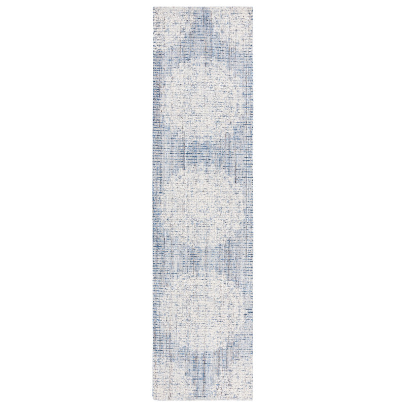 Tapis ivoire / bleu en laine et coton touffetés à la main ébène, Tapis de couloir 2 pi 3 po x 9 pi