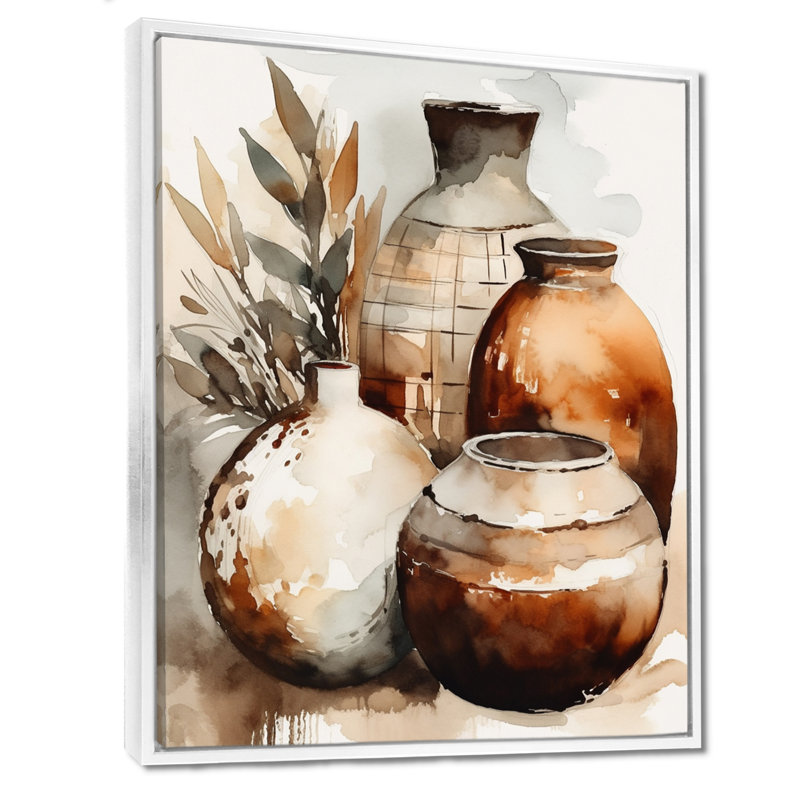 Vase en terre cuite brun et crème Kellerson, H 44 po x l 34 po, Reproduction avec cadre flottant, White