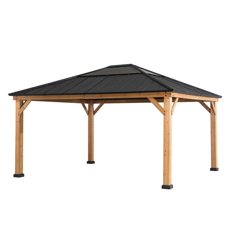 Sunjoy Mavis Outdoor Patio 13 ft. x 15 ft. Cedar Framed Gazebo with Black Steel and Polycarbonate Hip Roof Hardtop