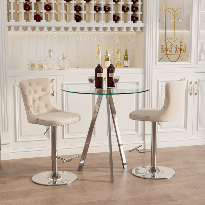 Bar Height Set, Tempered Glass Round Dining Table and Velvet Adjustable Dining Chairs., Beige, 3