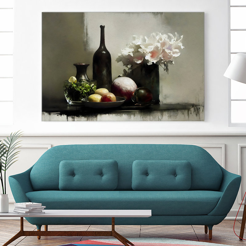 Nature morte avec une bouteille noire sur toile par Treechild, H 72 po x l 72 po x P 1,5 po
