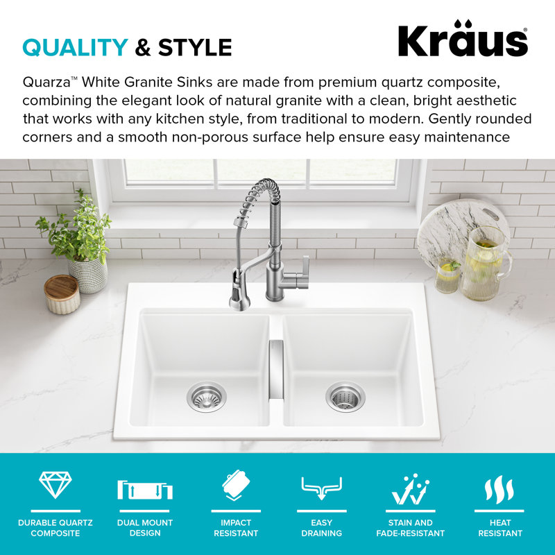 Évier de cuisine à double cuve encastrable 50/50 en granite KRAUS Quarza, 33", Double cuve