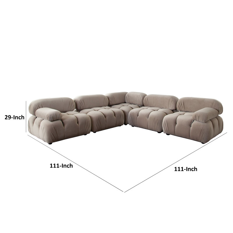 Hito 5 Piece Modular Sectional L Sofa Set, Bubble Grid Tufting, Tan Brown Velvet