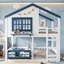 Lit superposé double / lit mezzanine avec bibliothèque, L 78,58 po x l 56,37 po x H 84,17 po, bois de pin + contreplaqué + panneau de fibres à densité moyenne, 3 pièces, blanc et bleu