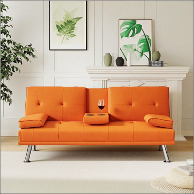 67-inch Orange Leather Multifunctional Double Folding Sofa Bed with Adjustable Backrest and Coffee Table for Compact Living Spaces