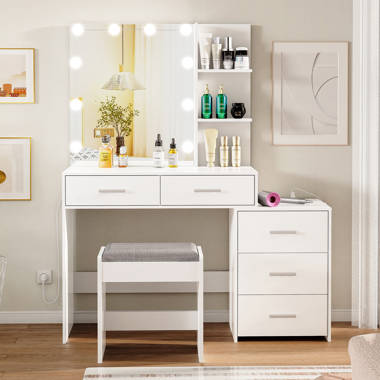 Latitude Run® Kimbereley Makeup Vanity with 3-Color Dimmable Lighted  Mirror, Side Storage Shelf & 4 Drawers & Reviews