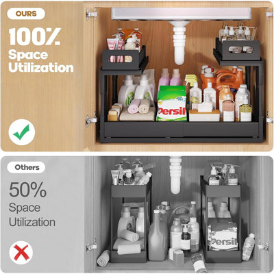 Ensemble de 1 rangement sous l'évier extensible, armoire de rangement coulissante noire à 2 niveaux avec glissières à roulement à billes et tiroirs réglables en hauteur