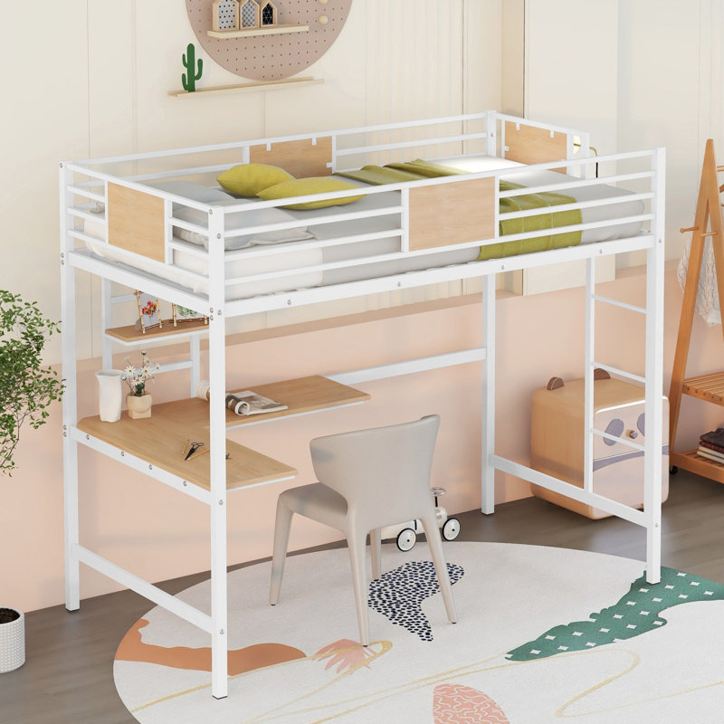 Lit mezzanine simple en métal avec bureau et tablette, blanc