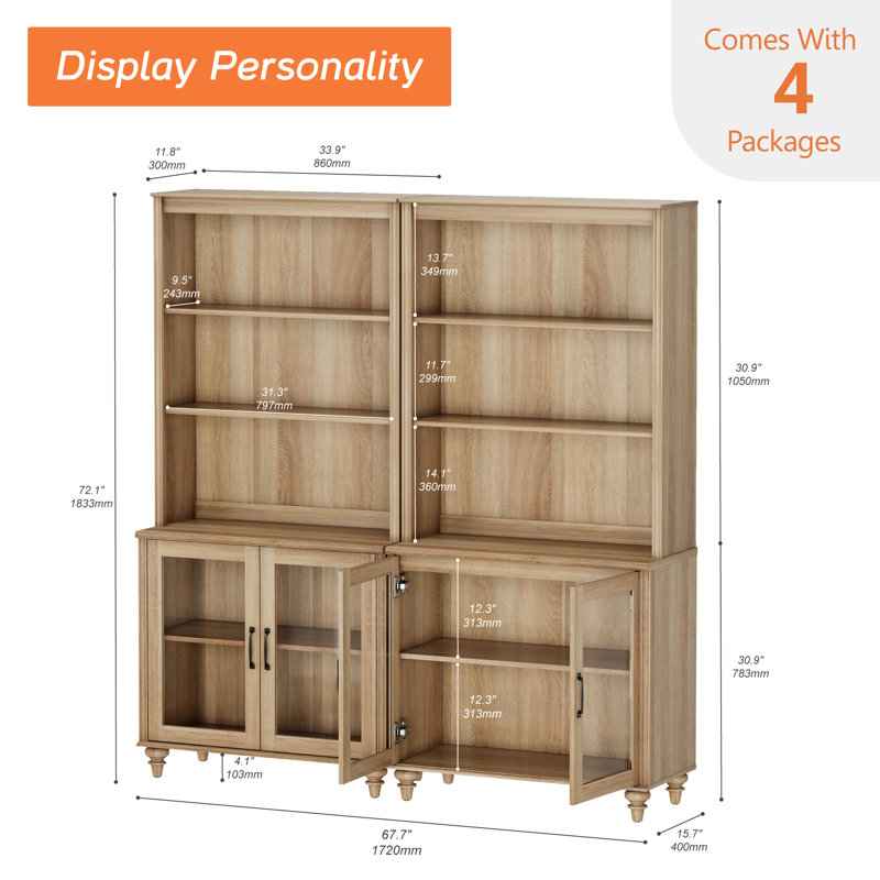 Sideboard Cabinet With Bar Hutch, Buffet Cabinet With Glass Doors And 5 Tier Shelve, Oak, 68''