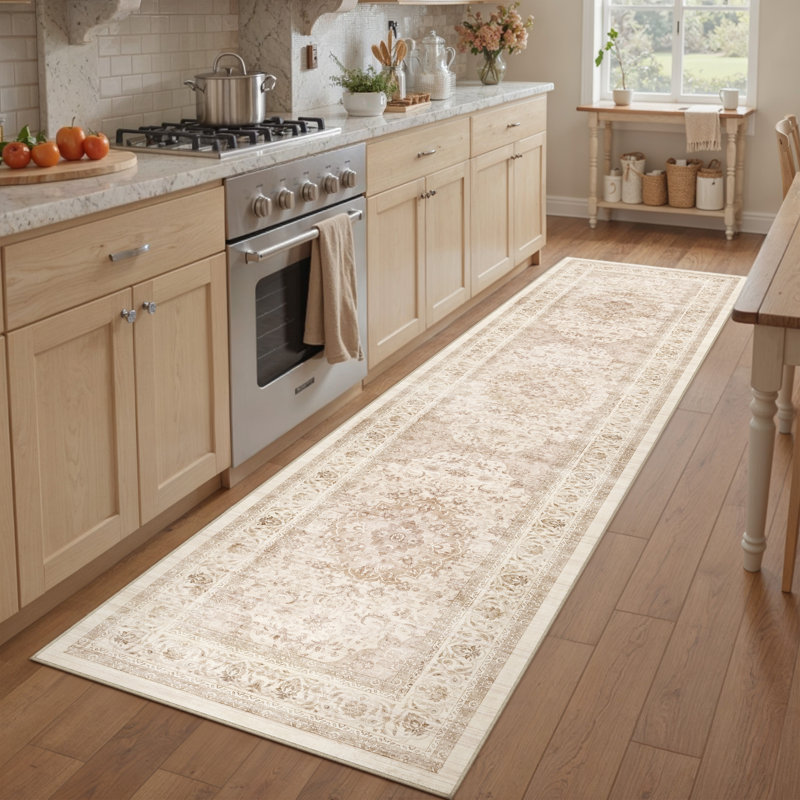 Tapis oriental beige Stella avec envers antidérapant, Tapis de couloir 2 pi x 8 pi, Beige