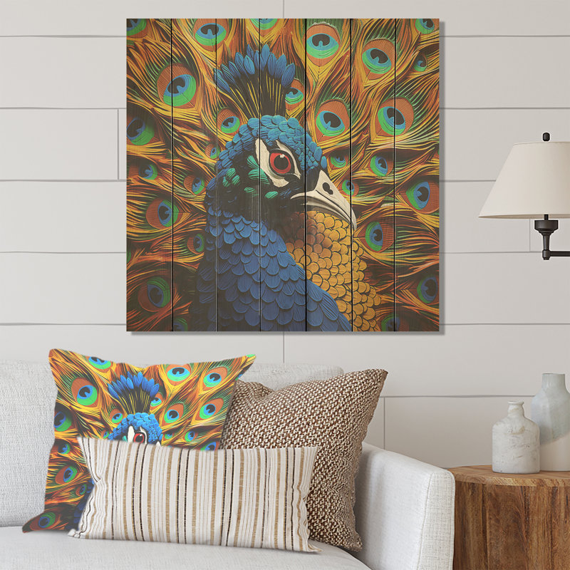 Blue Majestic Peacock Splendor II - paon sur bois, H 15 po x l 15 po