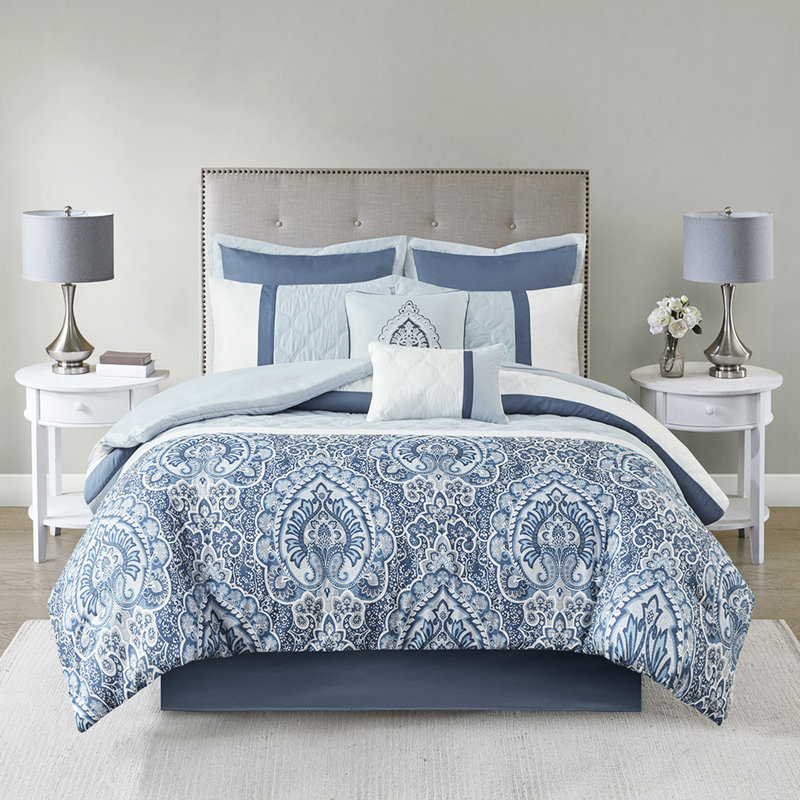 Édredon très grand 8 pièces, imprimé bleu, rembourrage, 2 taies décoratives, coussins décoratifs, rembourrage 8, lavable à la machine et froissé