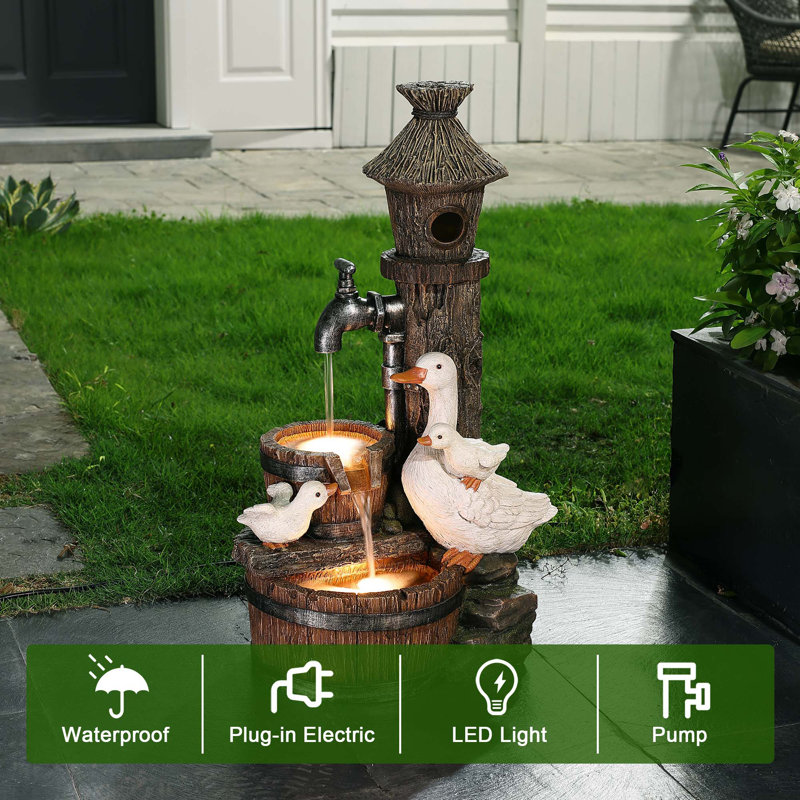 Ducks on the Farm and Birdhouse Outdoor Resin Fountain with Lights