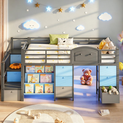 Lit mezzanine bas pour enfant (1 place) avec 9 tiroirs de rangement, bibliothèque et éclairage DEL, en métal, avec escalier et barrière de sécurité.